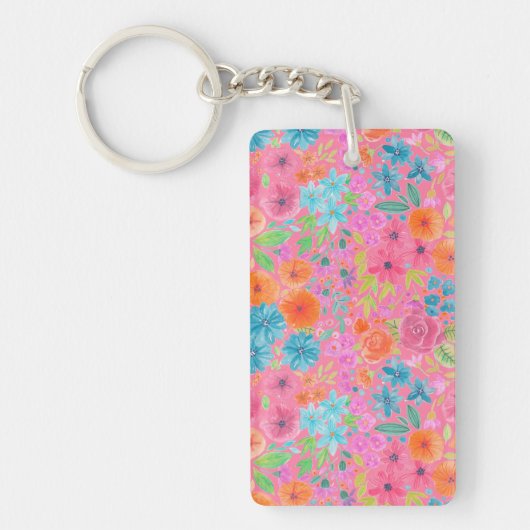 Floral waterverf in roze sleutelhanger (Voorkant)
