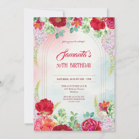 Floral Waterverf Invitation 50th Birthday Bedankkaart (Voorkant)