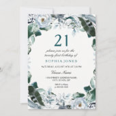 Floral Waterverf Jade Green 21st Birthday Invite Kaart (Voorkant)