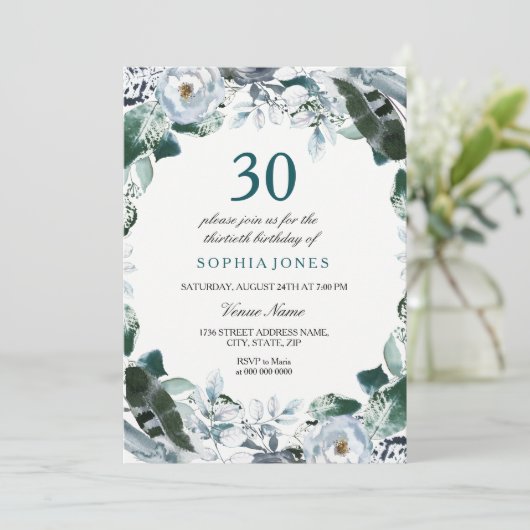 Floral Waterverf Jade Green 30th Birthday Invite Kaart (Staand voorkant)