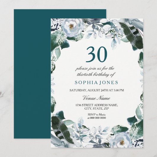 Floral Waterverf Jade Green 30th Birthday Invite Kaart (Voorkant / Achterkant)