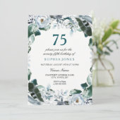 Floral Waterverf Jade Green 75th Birthday Invite Kaart (Staand voorkant)