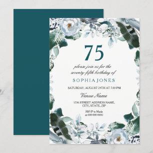 Floral Waterverf Jade Green 75th Birthday Invite Kaart