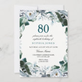 Floral Waterverf Jade Green 80th Birthday Invite Kaart (Voorkant)