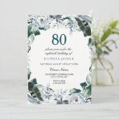 Floral Waterverf Jade Green 80th Birthday Invite Kaart (Staand voorkant)