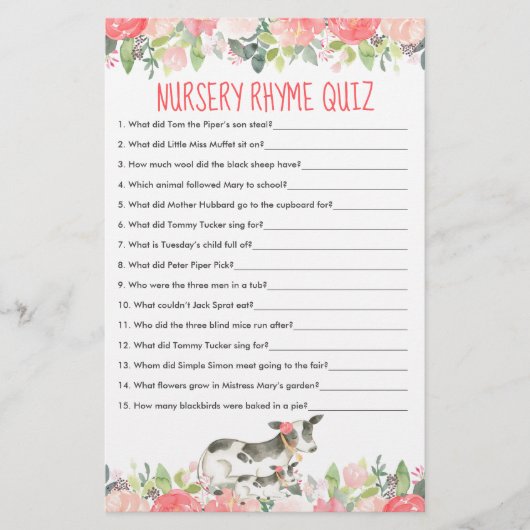 Floral Waterverf Koe Boerderij Nursery Rhyme Quiz (Voorkant)