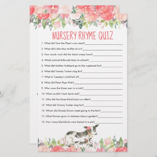 Floral Waterverf Koe Boerderij Nursery Rhyme Quiz (Voorkant / Achterkant)