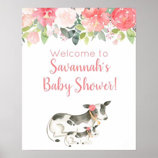 Floral Waterverf Koe Girl Baby shower Sign Poster (Voorkant)