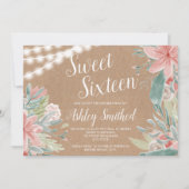 Floral waterverf Kraft string light Sweet 16 Kaart (Voorkant)