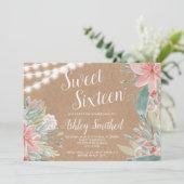 Floral waterverf Kraft string light Sweet 16 Kaart (Staand voorkant)