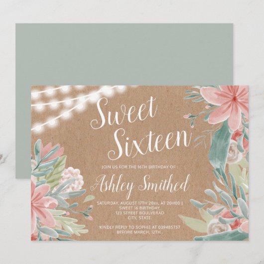 Floral waterverf Kraft string light Sweet 16 Kaart (Voorkant / Achterkant)