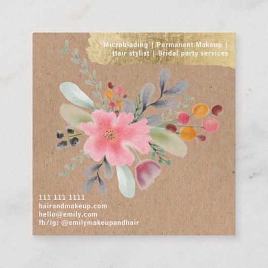 Floral waterverf make-up haar script gouden kraft vierkante visitekaartje (Achterkant)