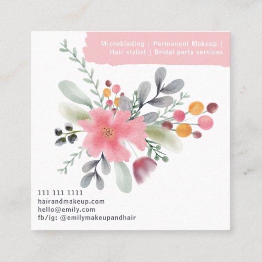 Floral waterverf make-up haarscript roze vierkant vierkante visitekaartje (Achterkant)