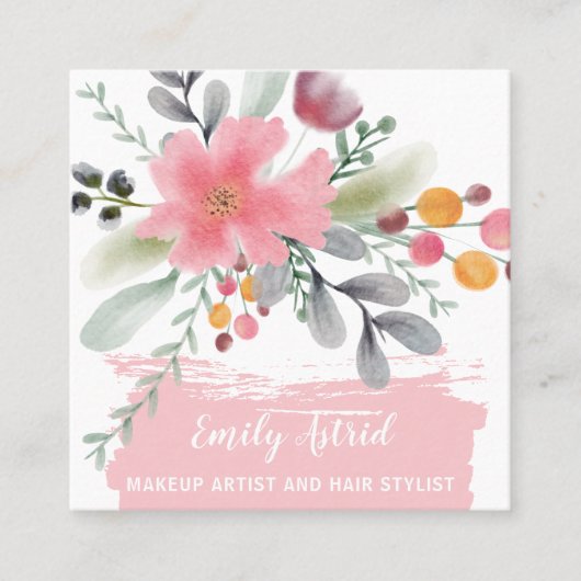 Floral waterverf make-up haarscript roze vierkant vierkante visitekaartje (Voorkant)