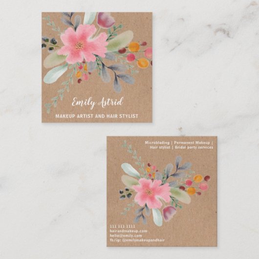 Floral waterverf make-up script kraft vierkante visitekaartje
