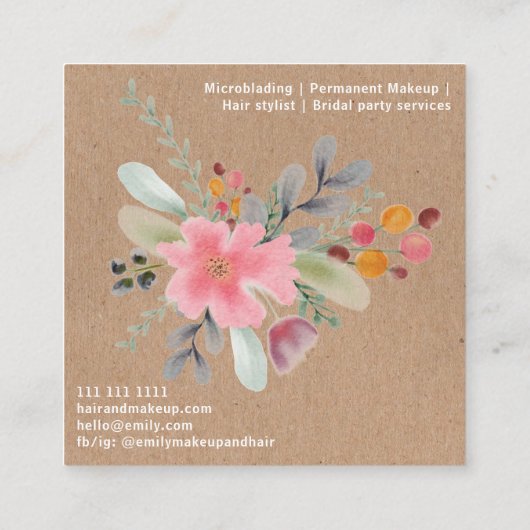 Floral waterverf make-up script kraft vierkante visitekaartje (Achterkant)