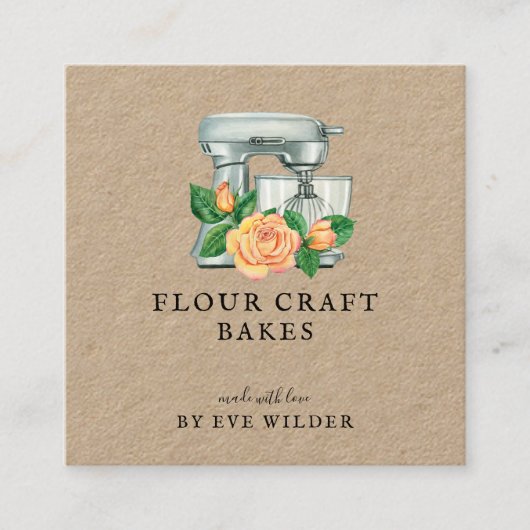Floral Waterverf Mixer Baker Bakery Kraft Vierkante Visitekaartje (Voorkant)