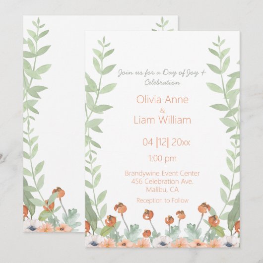  Floral Waterverf Modern Script Wedding Kaart (Voorkant / Achterkant)