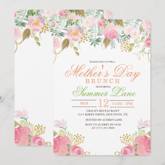 Floral Waterverf Moederdag Brunch Uitnodiging (Voorkant / Achterkant)