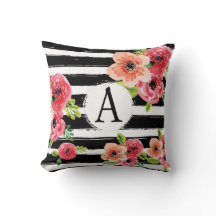 Floral Waterverf Monogramed Black White Stripes