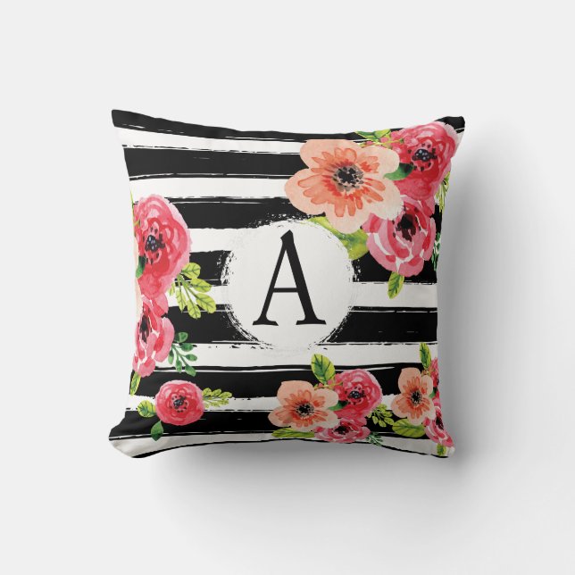 Floral Waterverf Monogramed Black White Stripes Kussen (Voorkant)