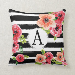 Floral Waterverf Monogramed Black White Stripes Kussen