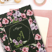 Floral Waterverf Monogrammed Naam Elegant Zwart Planner