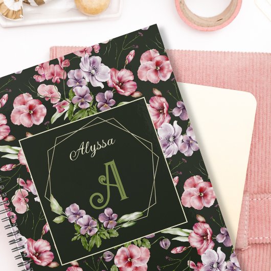 Floral Waterverf Monogrammed Naam Elegant Zwart Planner