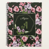 Floral Waterverf Monogrammed Naam Elegant Zwart Planner (Voorkant)