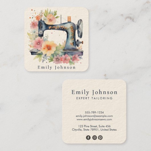 Floral Waterverf  naaimachine Mode Vierkante Visitekaartje (Voorkant / Achterkant)