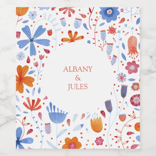 Floral Waterverf Oranje blauw Wijn Etiket (Enkel label)
