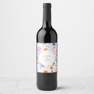 Floral Waterverf Oranje blauw Wijn Etiket