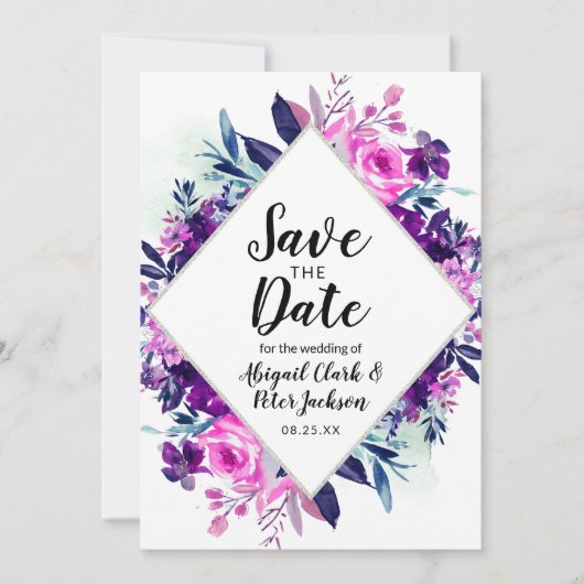 Floral Waterverf Paars Violet Silver Diamond Save The Date (Voorkant)