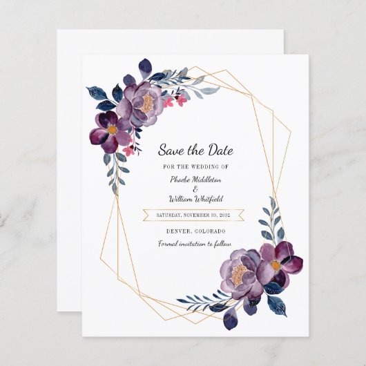Floral Waterverf Paarse bruiloft Save the date (Voorkant / Achterkant)