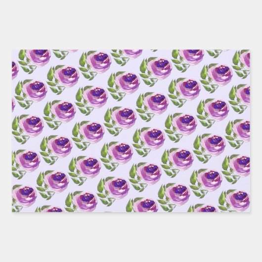 Floral Waterverf Paarse Rozen Patroon Inpakpapier Vel (Voorkant 3)