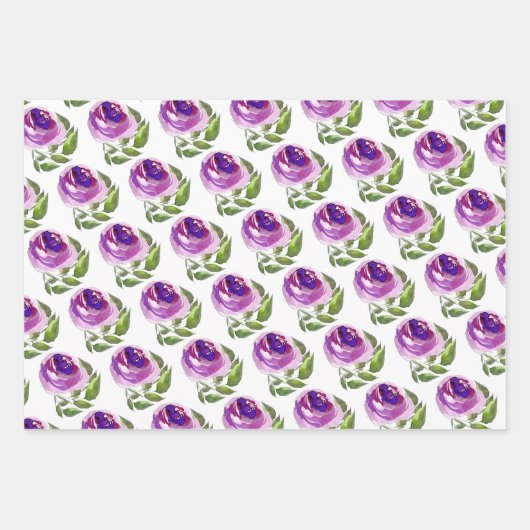 Floral Waterverf Paarse Rozen Patroon Inpakpapier Vel (Voorkant)
