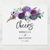 Floral Waterverf Paarse Script Wedding Sparkling Wijnetiket (Enkel label)