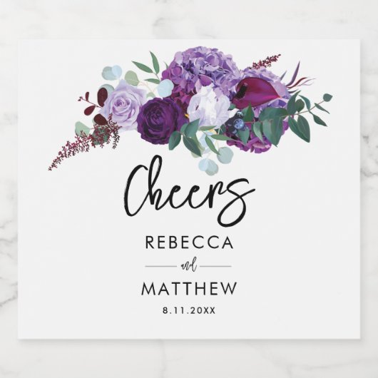 Floral Waterverf Paarse Script Wedding Sparkling Wijnetiket (Enkel label)