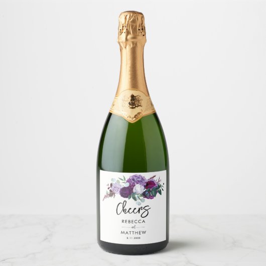 Floral Waterverf Paarse Script Wedding Sparkling Wijnetiket (Voorkant)