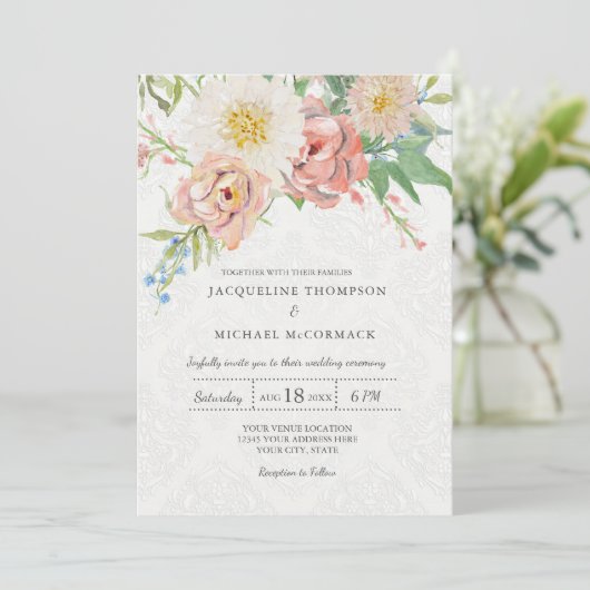 Floral Waterverf Pastel Pink Lace Elegant Flowers Kaart (Staand voorkant)