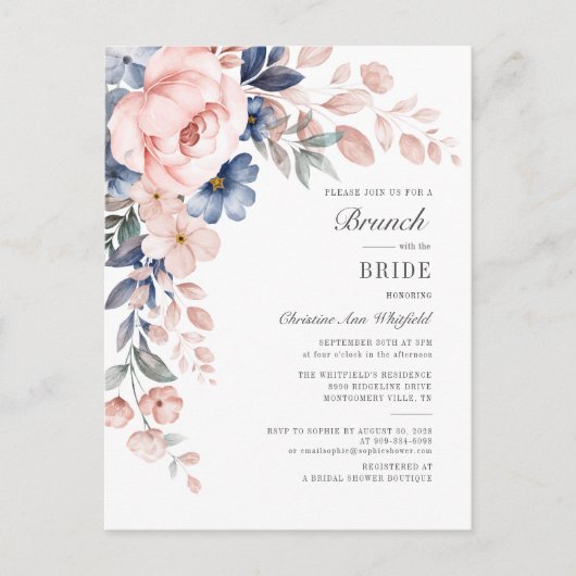 Floral Waterverf Pink Blue Flowers Bridal Brunch Uitnodiging Briefkaart (Voorkant)