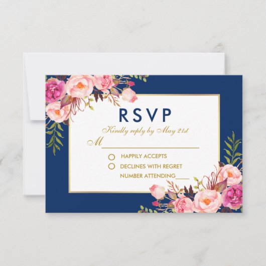 Floral Waterverf Pink Blue Gold Wedding RSVP (Voorkant)