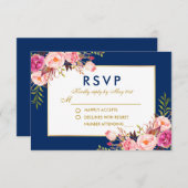 Floral Waterverf Pink Blue Gold Wedding RSVP (Voorkant / Achterkant)