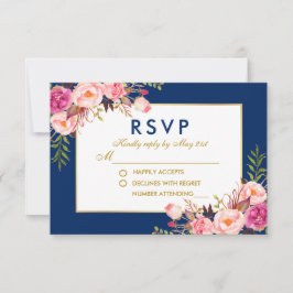 Floral Waterverf Pink Blue Gold Wedding RSVP