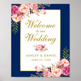 Floral Waterverf Pink Blue Gold Wedding Welkom Poster