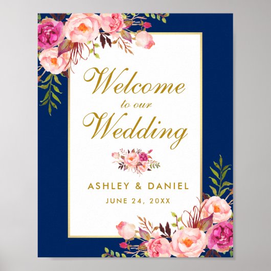 Floral Waterverf Pink Blue Gold Wedding Welkom Poster (Voorkant)