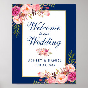 Floral Waterverf Pink Blue Wedding Welcome Poster
