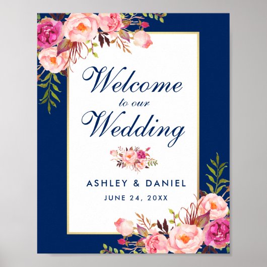 Floral Waterverf Pink Blue Wedding Welcome Poster (Voorkant)