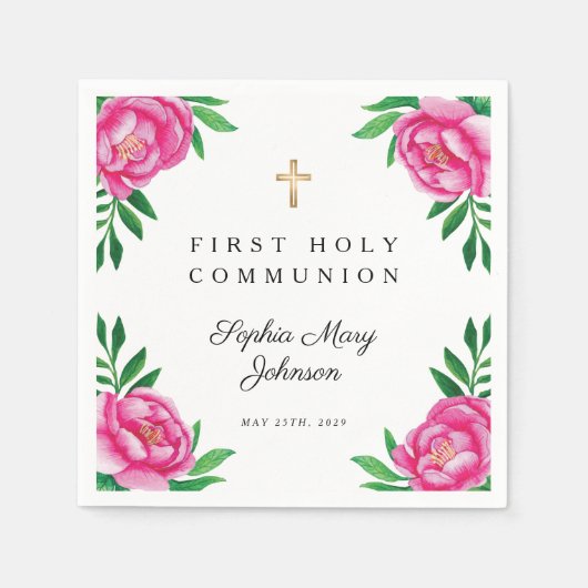 Floral Waterverf Pink Peonies First Community Servet (Voorkant)