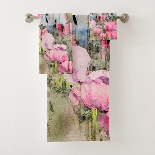 Floral Waterverf Pink Poppy Flowers Bad Handdoek (Insitu)